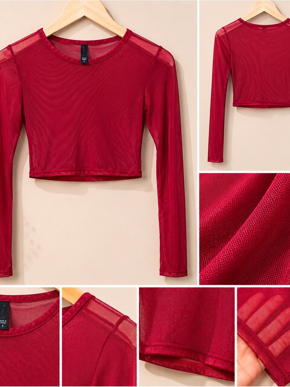 Semi-Sheer Long-Sleeve Red Crop Top